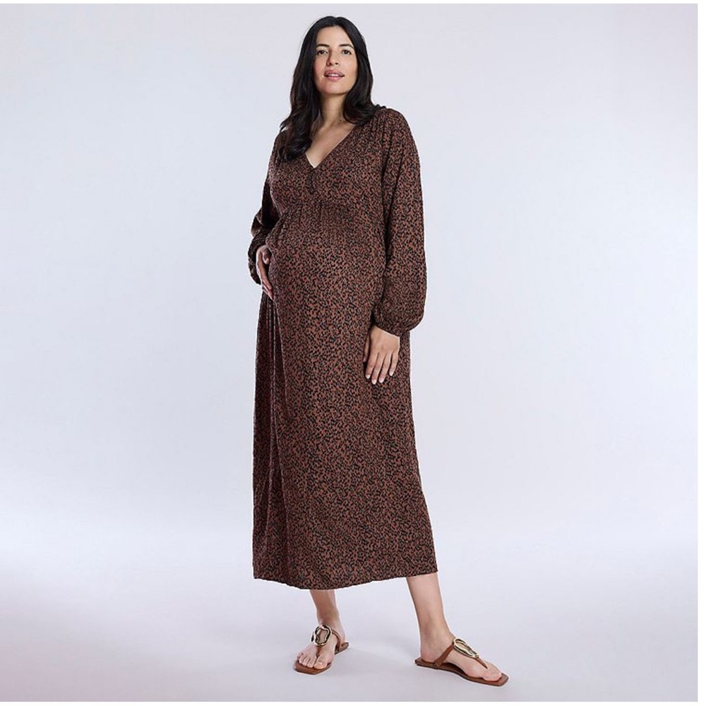 NWT Motherhood Maternity brown animal print button front midi dress size small